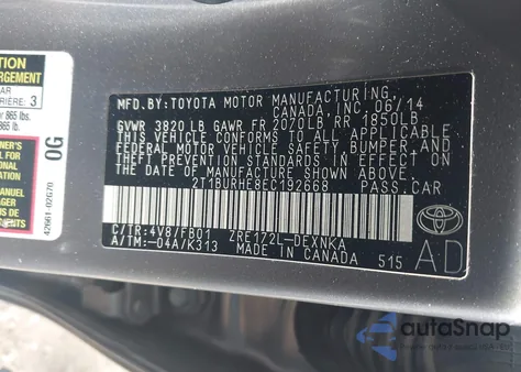 2014 Toyota Corolla Le из США, поврежденный, VIN 2T1BURHE8EC192668